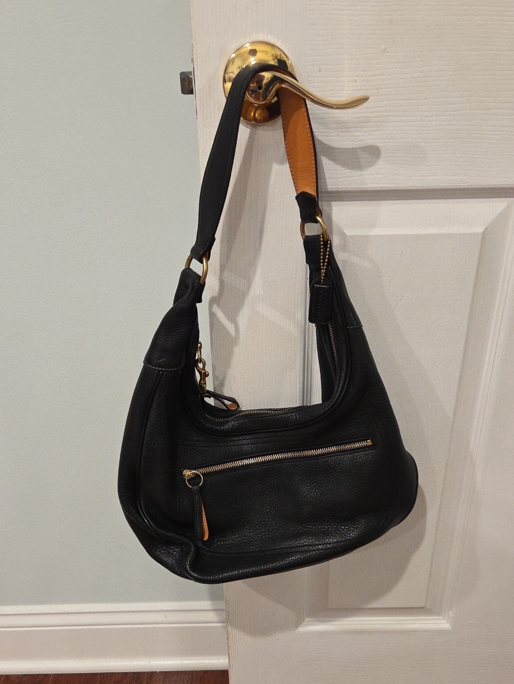Coach Black Leather Shoulder Bag with Tan Strap Accent